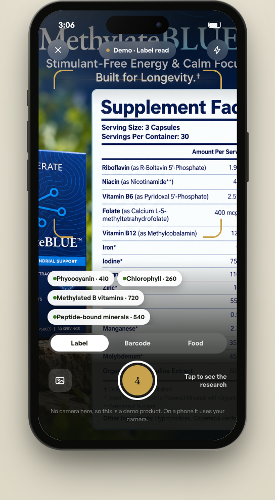 GreenMedInfo app — scanning a product label